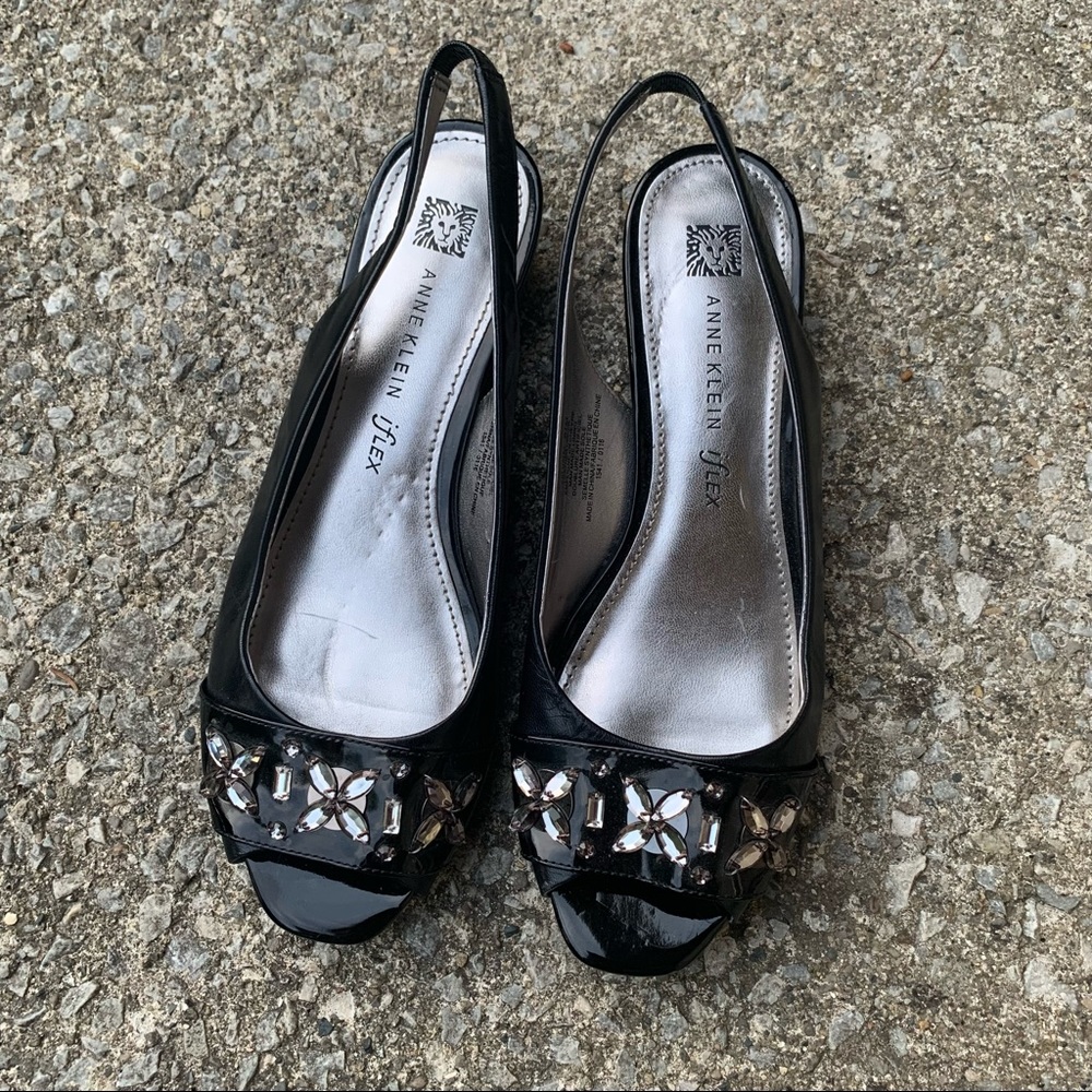 Anne Klein iflex, US 9 1/2 M, Black Rhinestone Slingback Kitten Heel Sandals